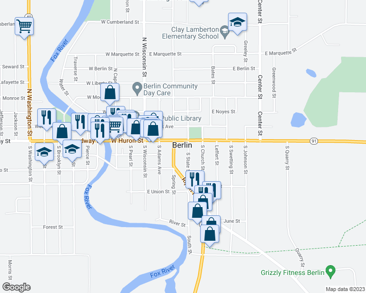 map of restaurants, bars, coffee shops, grocery stores, and more near 180 East Huron Street in Berlin