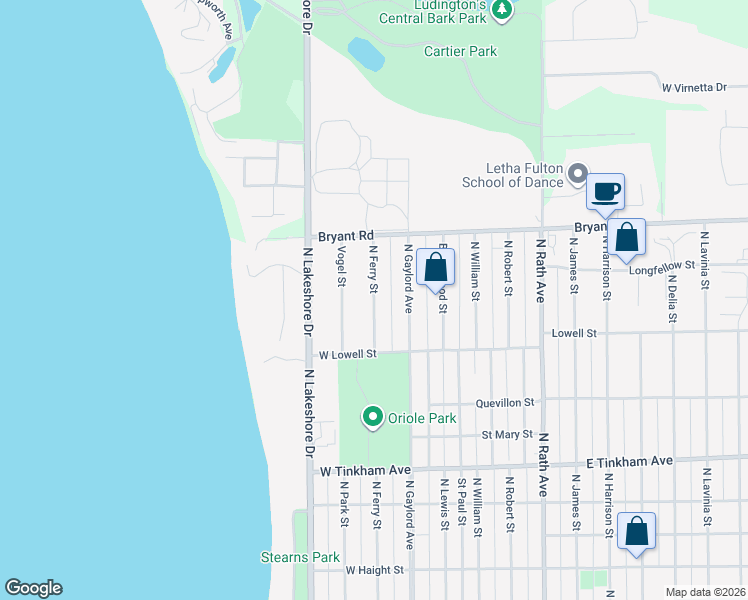 map of restaurants, bars, coffee shops, grocery stores, and more near 1019 North Ferry Street in Ludington
