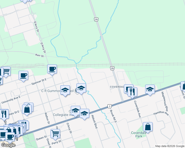 map of restaurants, bars, coffee shops, grocery stores, and more near 39 Meredith Crescent in Cobourg