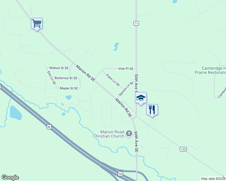 map of restaurants, bars, coffee shops, grocery stores, and more near 3662 Marion Road Southeast in Rochester