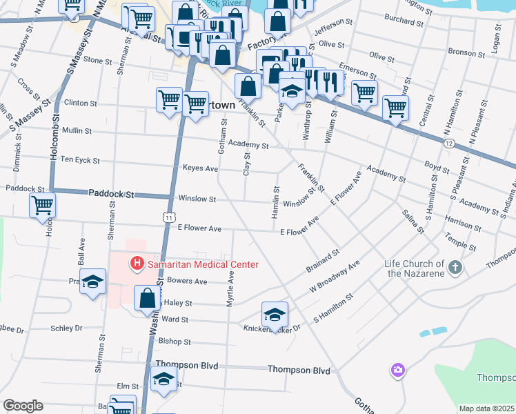 map of restaurants, bars, coffee shops, grocery stores, and more near 232 Winslow Street in Watertown