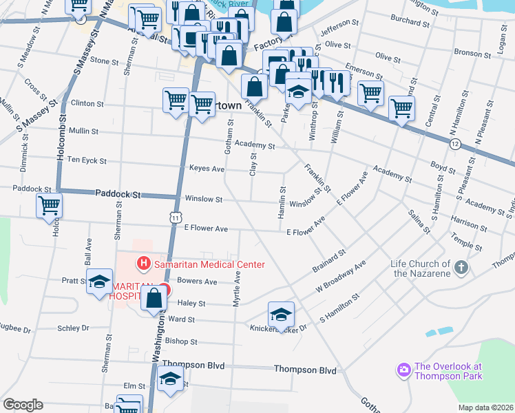 map of restaurants, bars, coffee shops, grocery stores, and more near 224 Winslow Street in Watertown