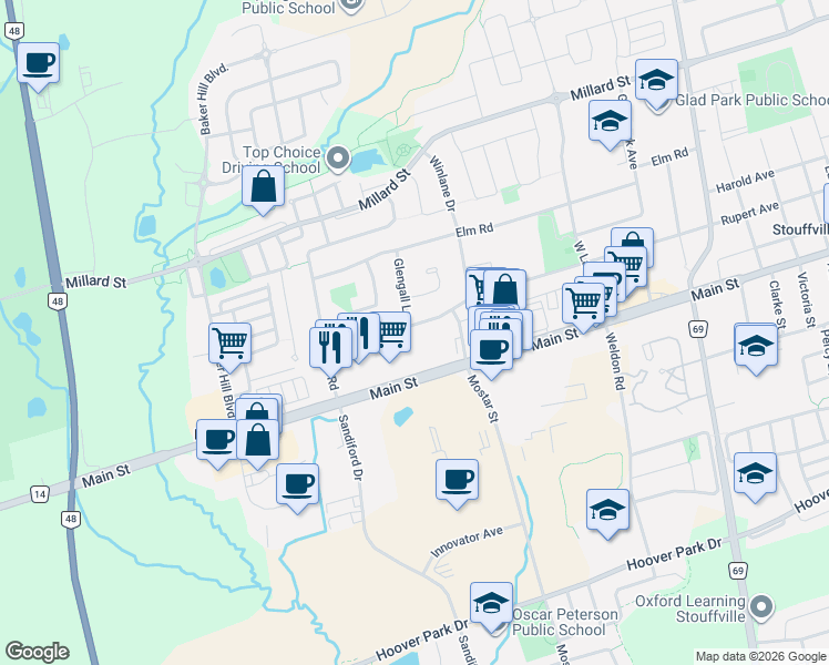 map of restaurants, bars, coffee shops, grocery stores, and more near 608 Rupert Avenue in Whitchurch-Stouffville