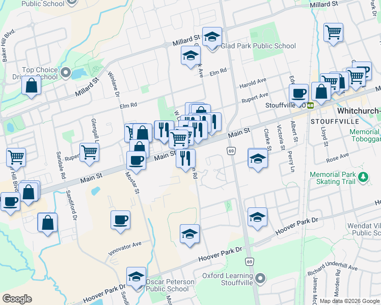 map of restaurants, bars, coffee shops, grocery stores, and more near in Whitchurch-Stouffville