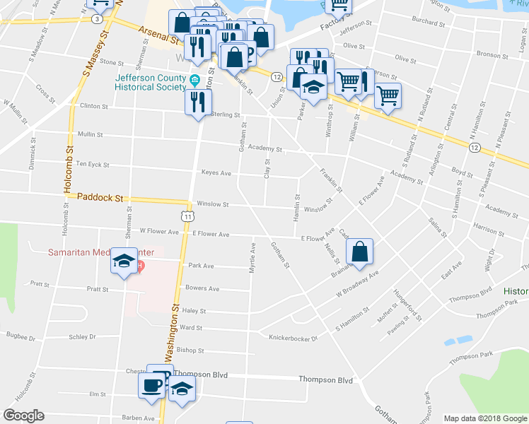 map of restaurants, bars, coffee shops, grocery stores, and more near 214 Winslow Street in Watertown