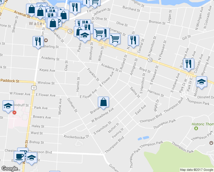 map of restaurants, bars, coffee shops, grocery stores, and more near 713 Franklin Street in Watertown