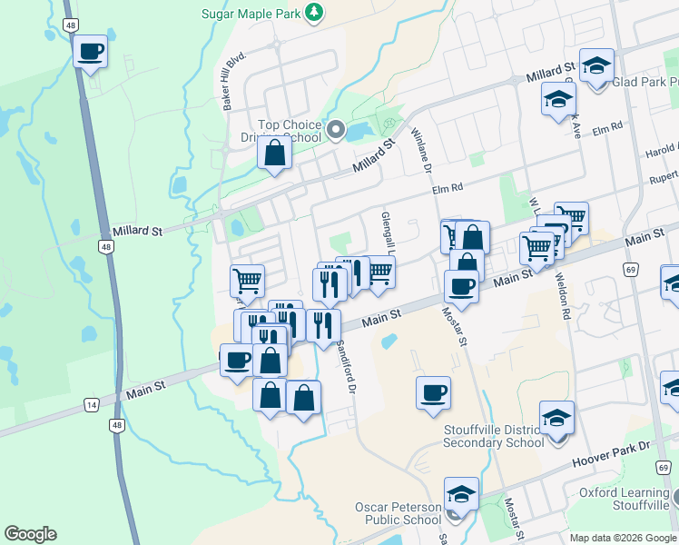 map of restaurants, bars, coffee shops, grocery stores, and more near 12 Summerfield Avenue in Whitchurch-Stouffville