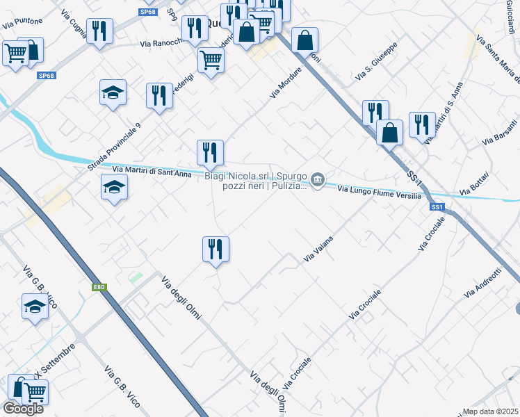 map of restaurants, bars, coffee shops, grocery stores, and more near 13 Via Fontana in Pietrasanta