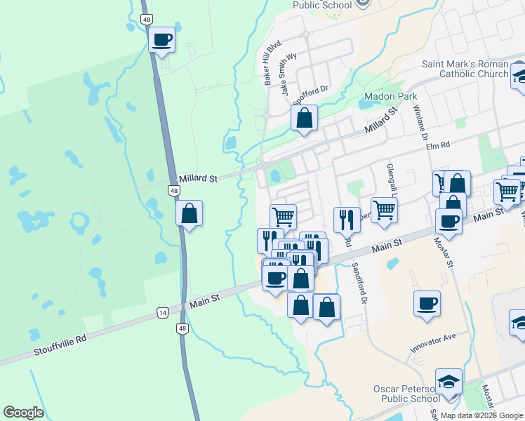 map of restaurants, bars, coffee shops, grocery stores, and more near 35 Baker Hill Boulevard in Whitchurch-Stouffville