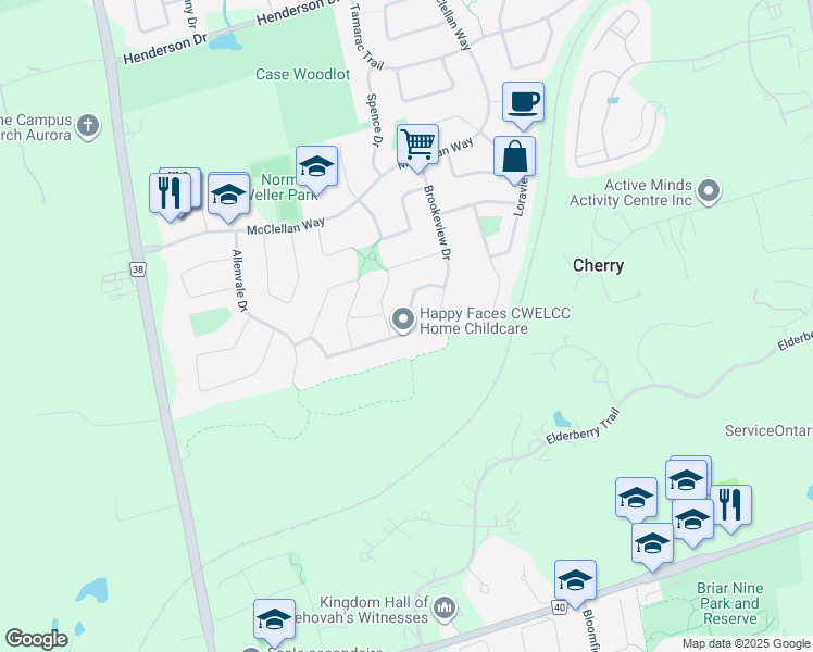 map of restaurants, bars, coffee shops, grocery stores, and more near 100 Dawlish Avenue in Aurora