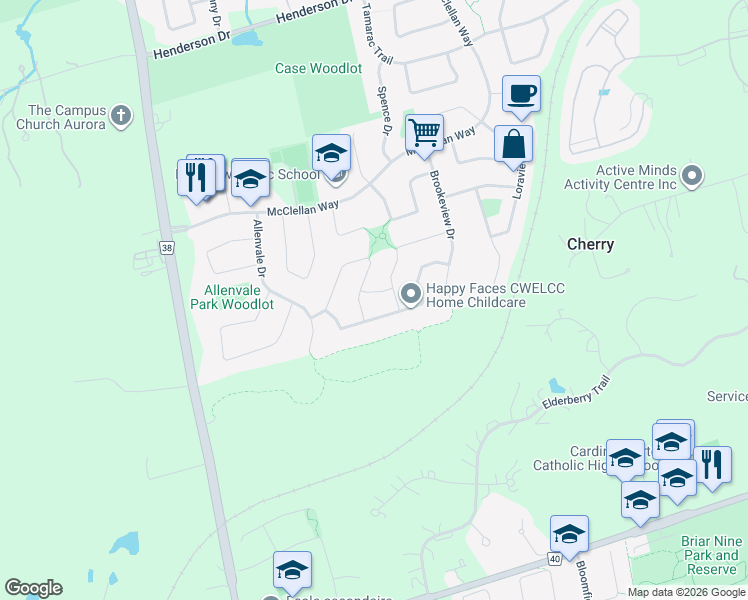 map of restaurants, bars, coffee shops, grocery stores, and more near 27 Ross Linton Drive in Aurora