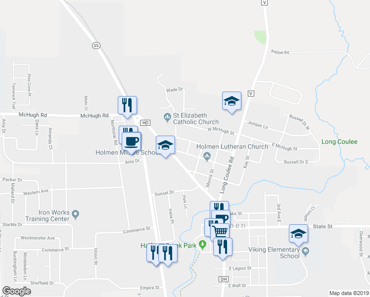 map of restaurants, bars, coffee shops, grocery stores, and more near 304 Park Street in Holmen