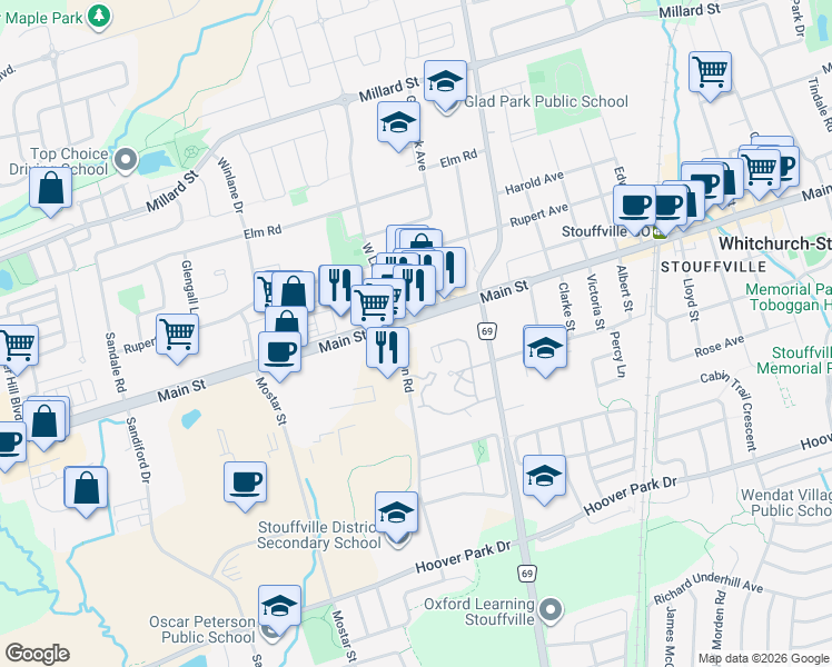 map of restaurants, bars, coffee shops, grocery stores, and more near 5917 Main Street in Whitchurch-Stouffville