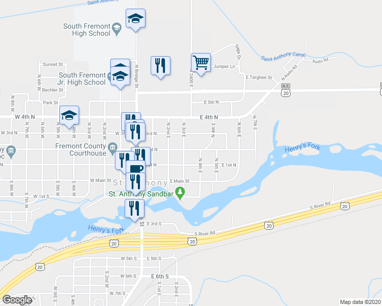 map of restaurants, bars, coffee shops, grocery stores, and more near 320 East 2nd North in Saint Anthony