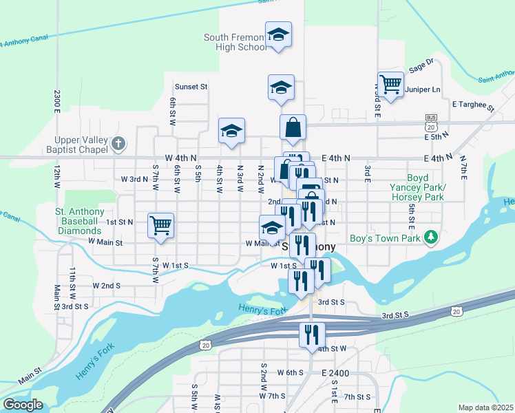 map of restaurants, bars, coffee shops, grocery stores, and more near 147 North 2nd East in Saint Anthony