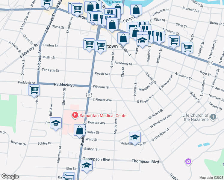map of restaurants, bars, coffee shops, grocery stores, and more near 164 Winslow Street in Watertown