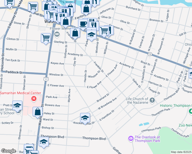 map of restaurants, bars, coffee shops, grocery stores, and more near 320 Winslow Street in Watertown
