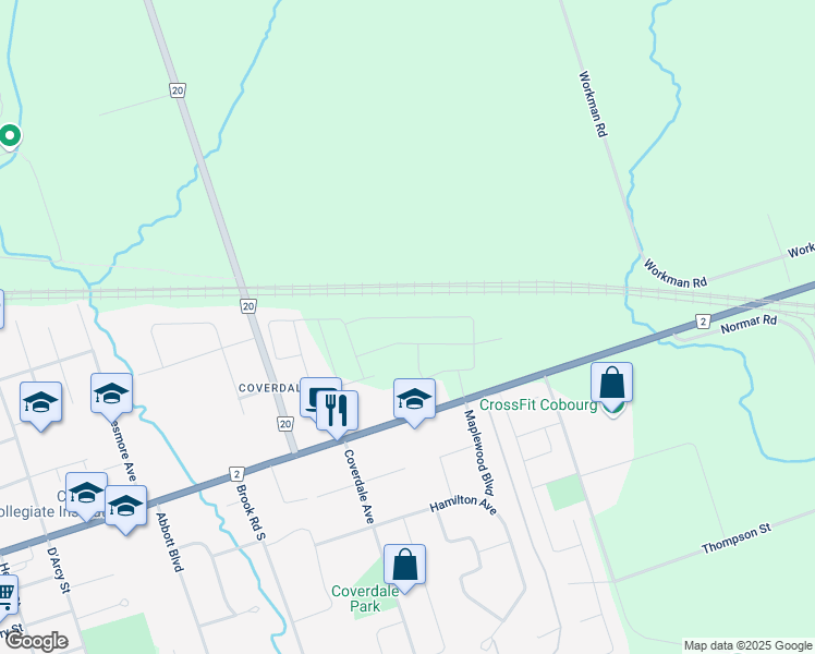 map of restaurants, bars, coffee shops, grocery stores, and more near 480 King Street East in Cobourg