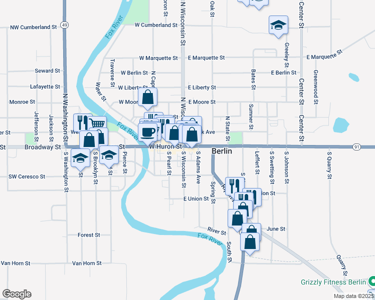 map of restaurants, bars, coffee shops, grocery stores, and more near 109 South Wisconsin Street in Berlin