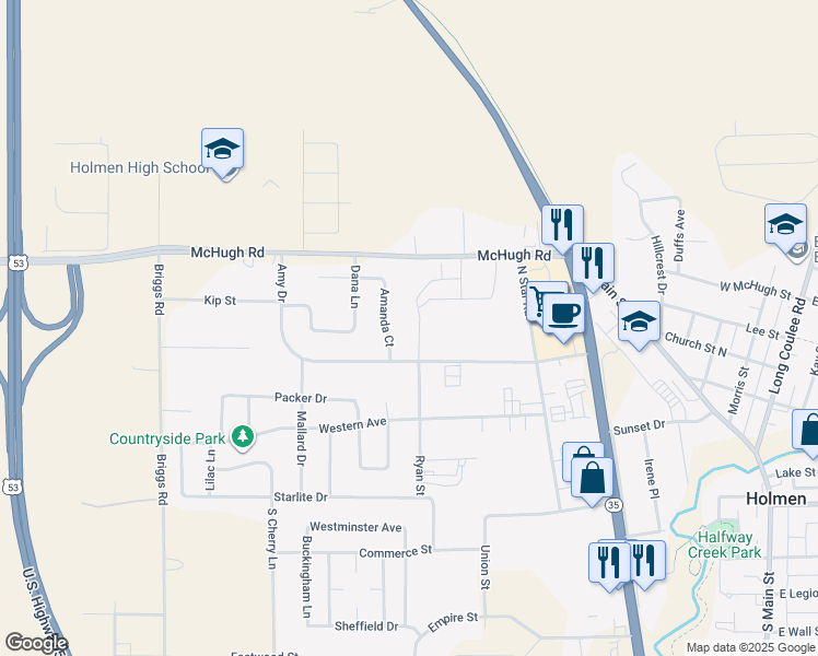 map of restaurants, bars, coffee shops, grocery stores, and more near 508 Ryan St in Holmen