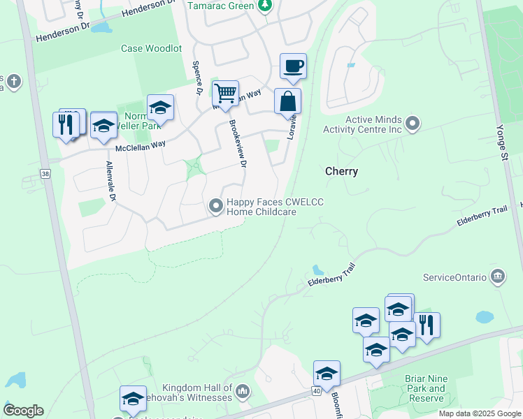 map of restaurants, bars, coffee shops, grocery stores, and more near 119 Stemmle Drive in Aurora