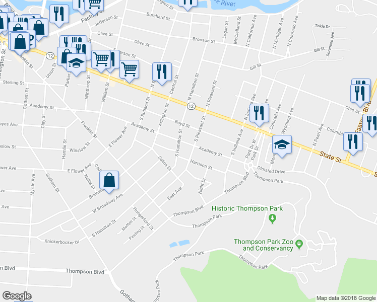 map of restaurants, bars, coffee shops, grocery stores, and more near 308 Pleasant Street South in Watertown