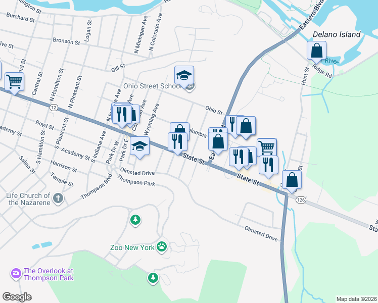 map of restaurants, bars, coffee shops, grocery stores, and more near 1623 State Route 3 in Watertown