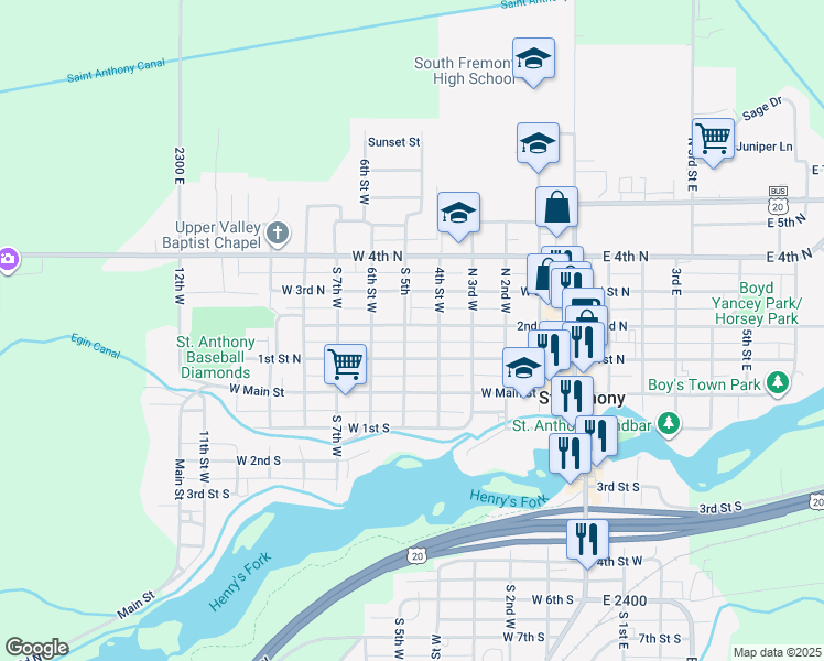 map of restaurants, bars, coffee shops, grocery stores, and more near 440 West 2nd North in Saint Anthony