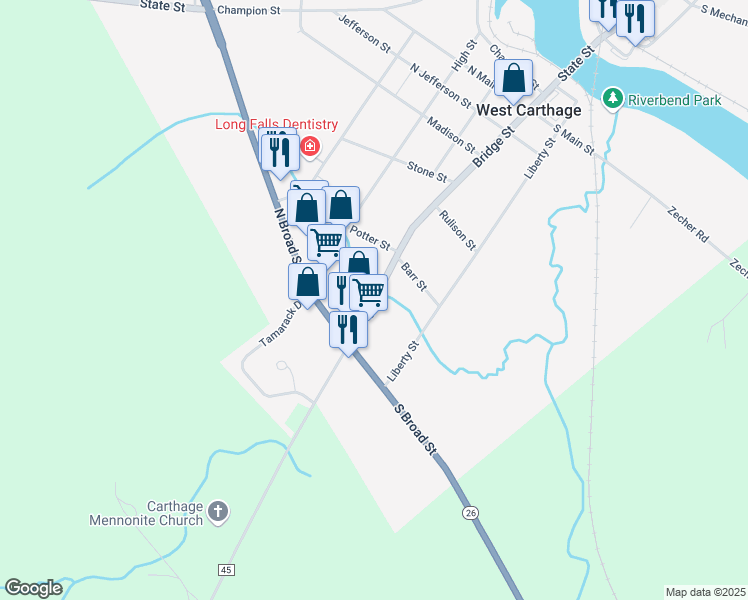 map of restaurants, bars, coffee shops, grocery stores, and more near 88 Bridge Street in Carthage