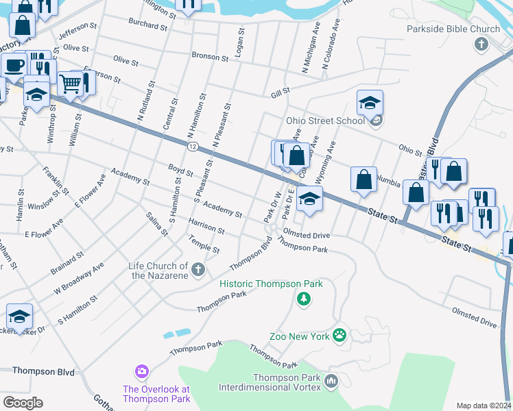 map of restaurants, bars, coffee shops, grocery stores, and more near 207 South Indiana Avenue in Watertown