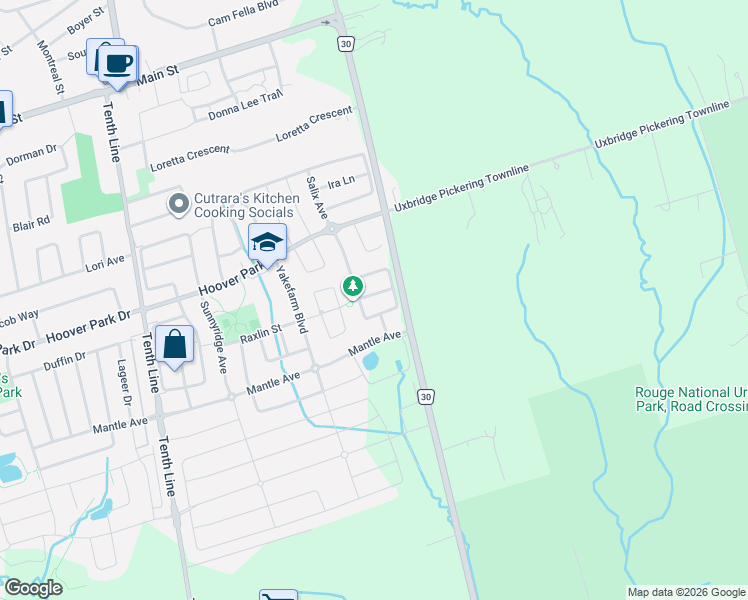 map of restaurants, bars, coffee shops, grocery stores, and more near 15 Ross Shiner Lane in Whitchurch-Stouffville