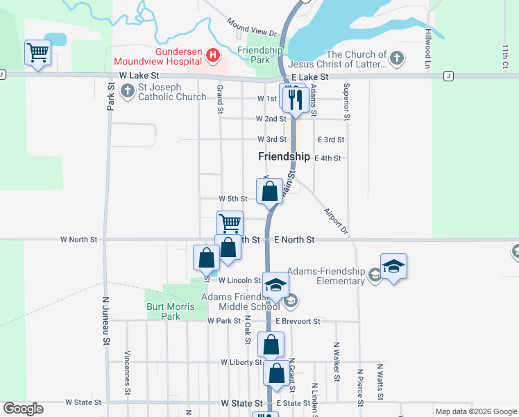 map of restaurants, bars, coffee shops, grocery stores, and more near 601 West Street in Friendship