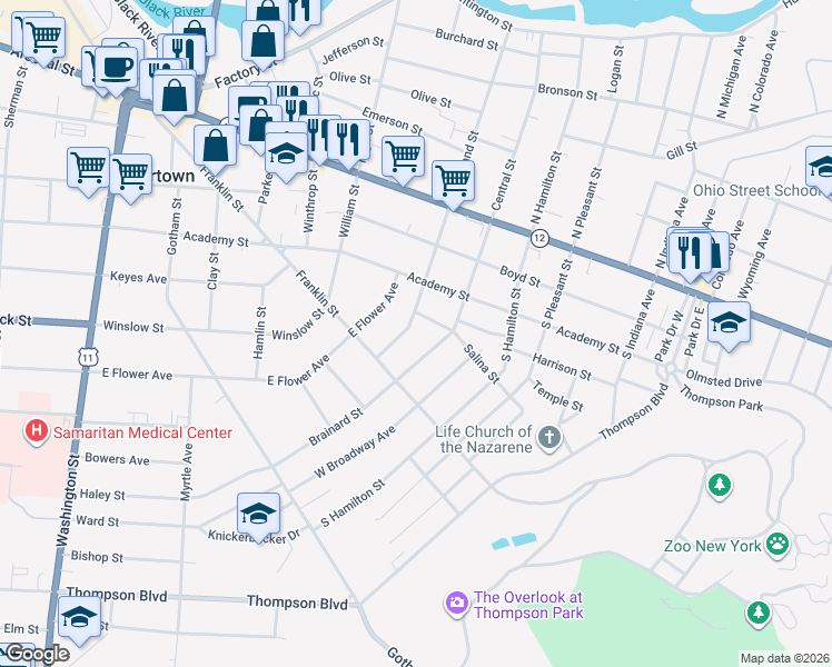 map of restaurants, bars, coffee shops, grocery stores, and more near 347 South Rutland Street in Watertown