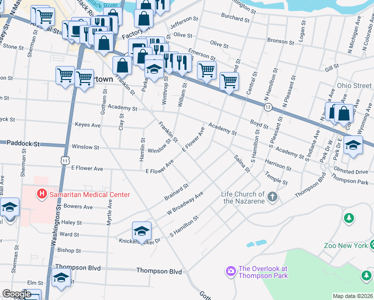 map of restaurants, bars, coffee shops, grocery stores, and more near 713 Franklin Street in Watertown