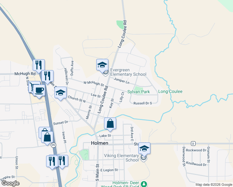 map of restaurants, bars, coffee shops, grocery stores, and more near 409 Kay Street in Holmen