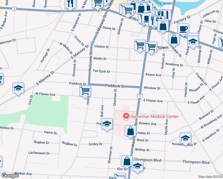 map of restaurants, bars, coffee shops, grocery stores, and more near 209 Paddock Street in Watertown
