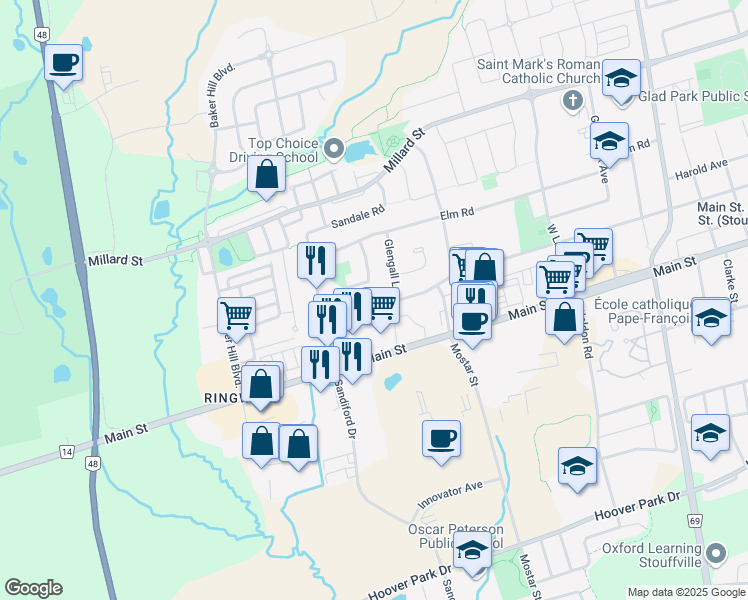 map of restaurants, bars, coffee shops, grocery stores, and more near in Whitchurch-Stouffville