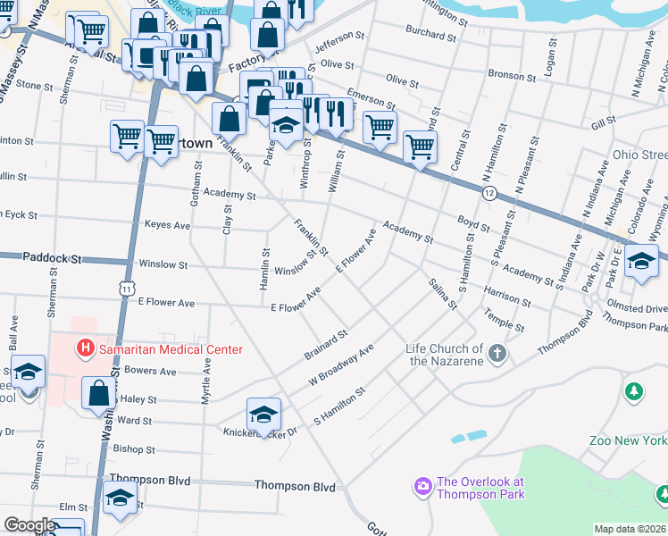 map of restaurants, bars, coffee shops, grocery stores, and more near 369 East Flower Avenue in Watertown