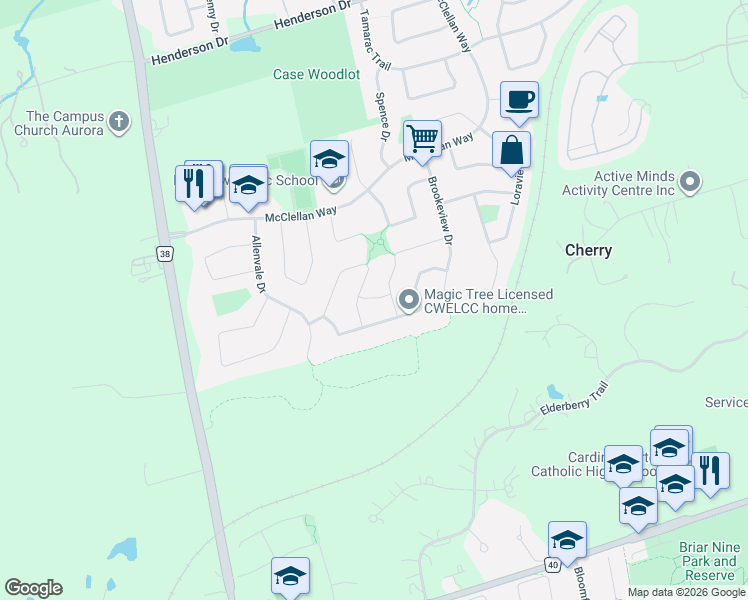 map of restaurants, bars, coffee shops, grocery stores, and more near 22 Ross Linton Drive in Aurora