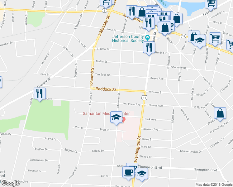 map of restaurants, bars, coffee shops, grocery stores, and more near 608 Sherman Street in Watertown