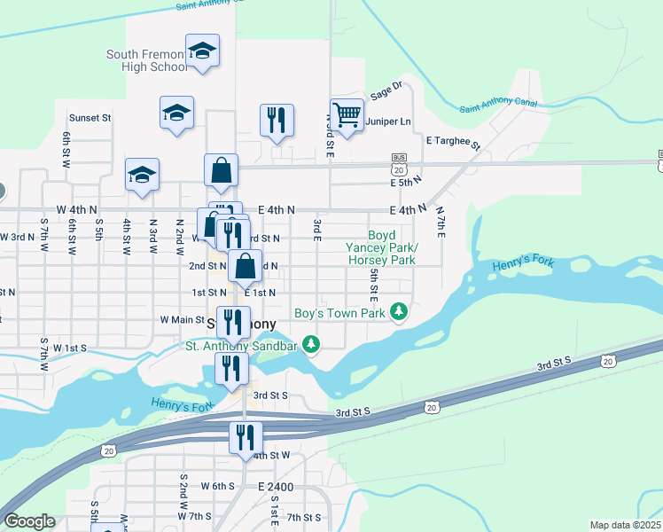 map of restaurants, bars, coffee shops, grocery stores, and more near East 2nd North in Saint Anthony