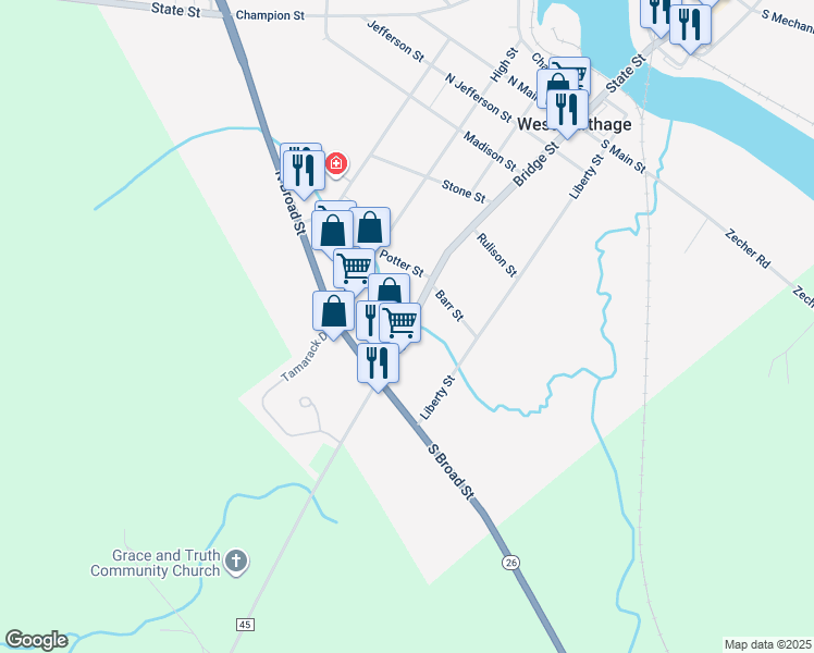 map of restaurants, bars, coffee shops, grocery stores, and more near 88 Bridge Street in Carthage