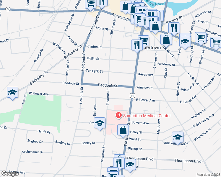 map of restaurants, bars, coffee shops, grocery stores, and more near 169 Paddock Street in Watertown