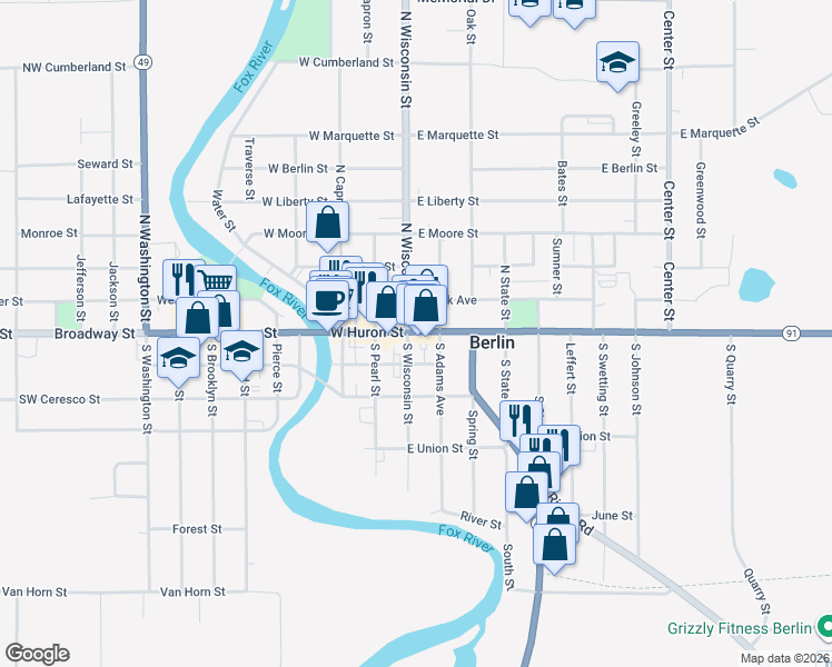 map of restaurants, bars, coffee shops, grocery stores, and more near 109 South Wisconsin Street in Berlin