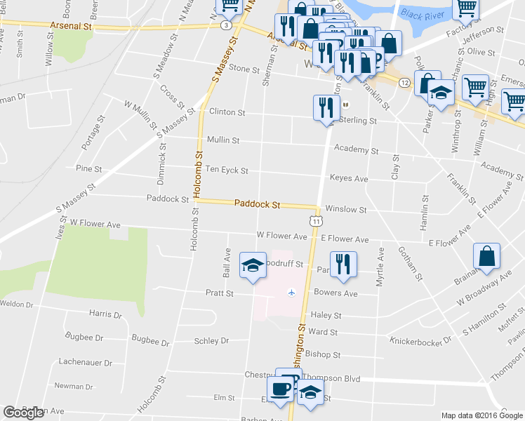 map of restaurants, bars, coffee shops, grocery stores, and more near 169 Paddock Street in Watertown