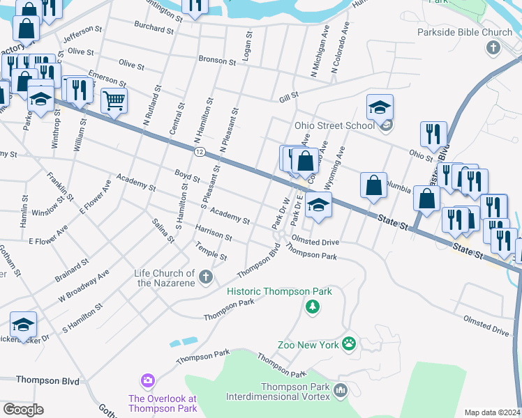 map of restaurants, bars, coffee shops, grocery stores, and more near 205 South Indiana Avenue in Watertown