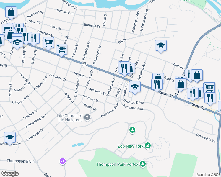 map of restaurants, bars, coffee shops, grocery stores, and more near 205 Indiana Avenue South in Watertown