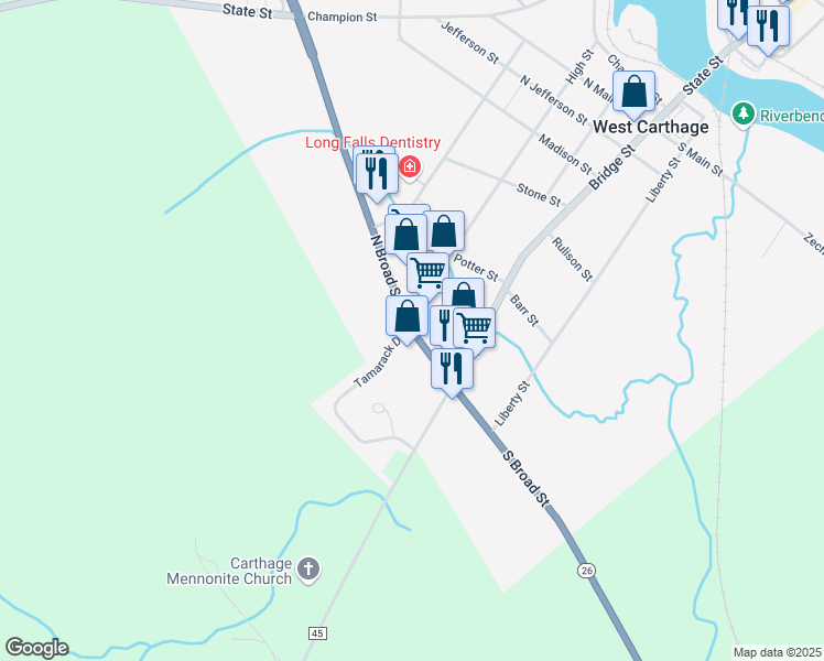 map of restaurants, bars, coffee shops, grocery stores, and more near North Broad Street & Tamarack Drive in Carthage