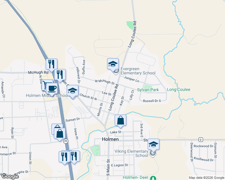 map of restaurants, bars, coffee shops, grocery stores, and more near 405 Long Coulee Road in Holmen