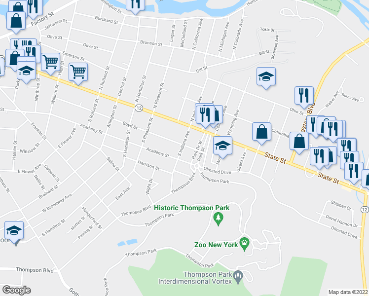 map of restaurants, bars, coffee shops, grocery stores, and more near 203 Indiana Avenue South in Watertown